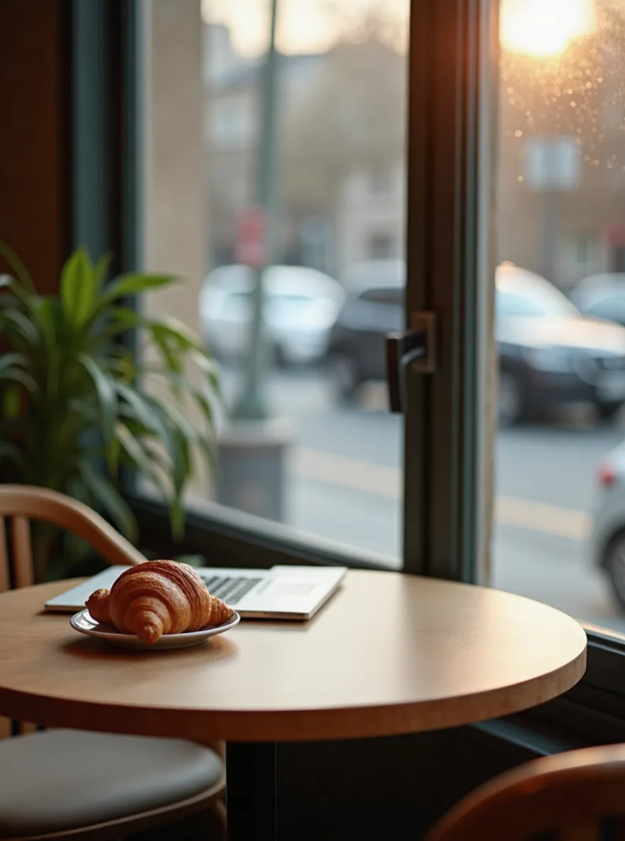 Edited photo, coffee cup removed from café table